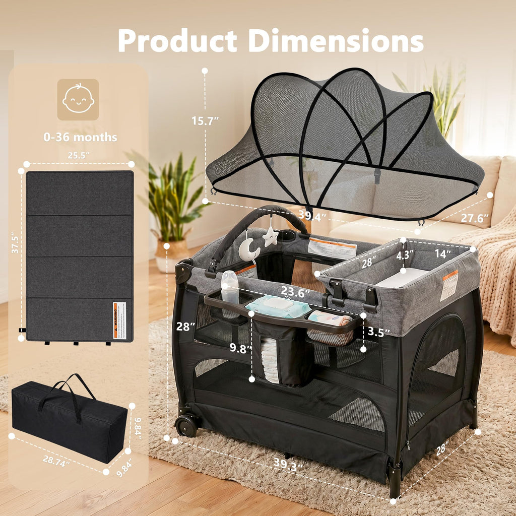 Portable Pack and Play Baby Playard with Bassinet Light Grey B5321