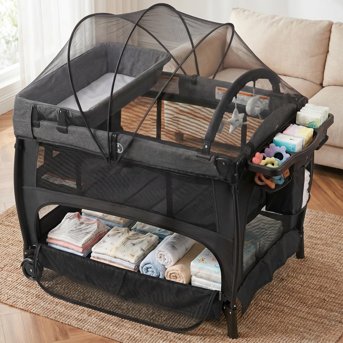 Portable Pack and Play Baby Playard with Bassinet Light Grey B5321